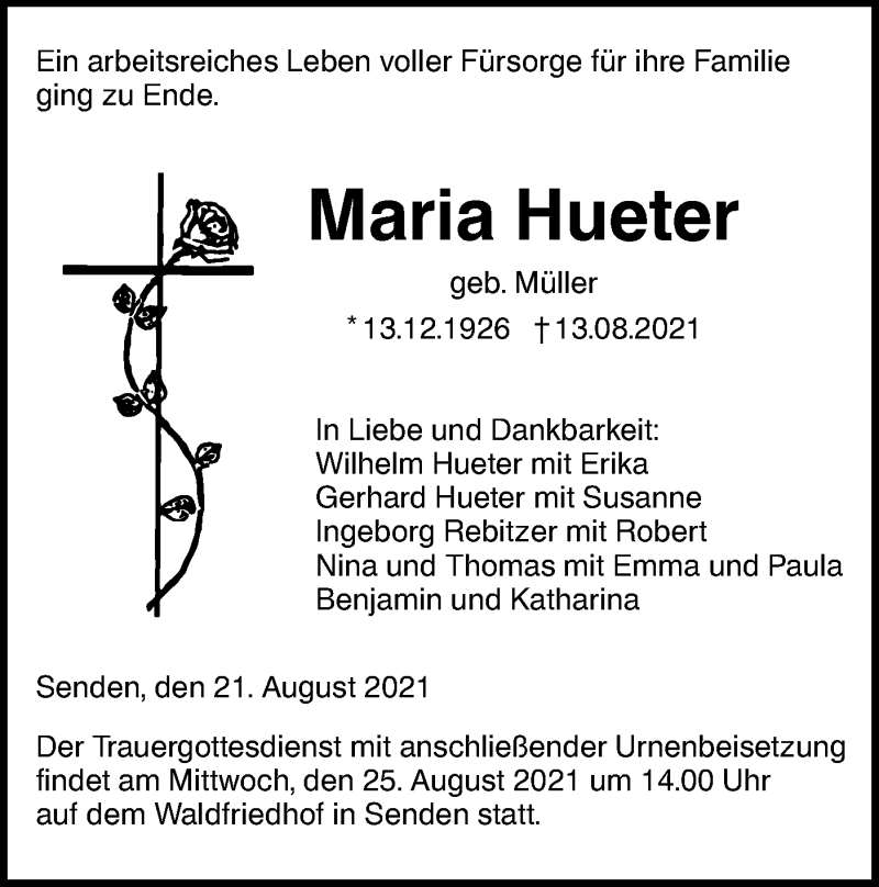  Traueranzeige für Maria Hueter vom 21.08.2021 aus SÜDWEST PRESSE Ausgabe Ulm/Neu-Ulm