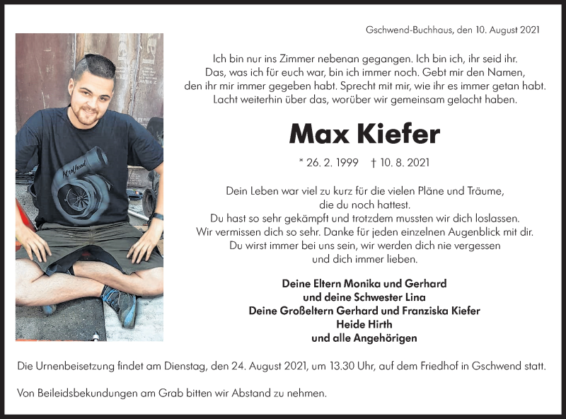  Traueranzeige für Max Kiefer vom 20.08.2021 aus Rundschau Gaildorf