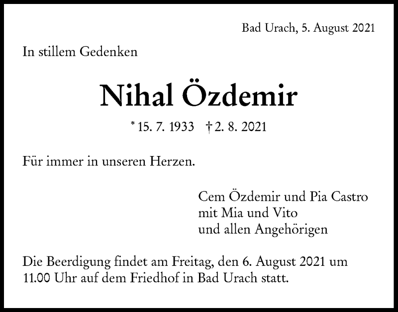  Traueranzeige für Nihal Özdemir vom 05.08.2021 aus Alb-Bote/Metzinger-Uracher Volksblatt