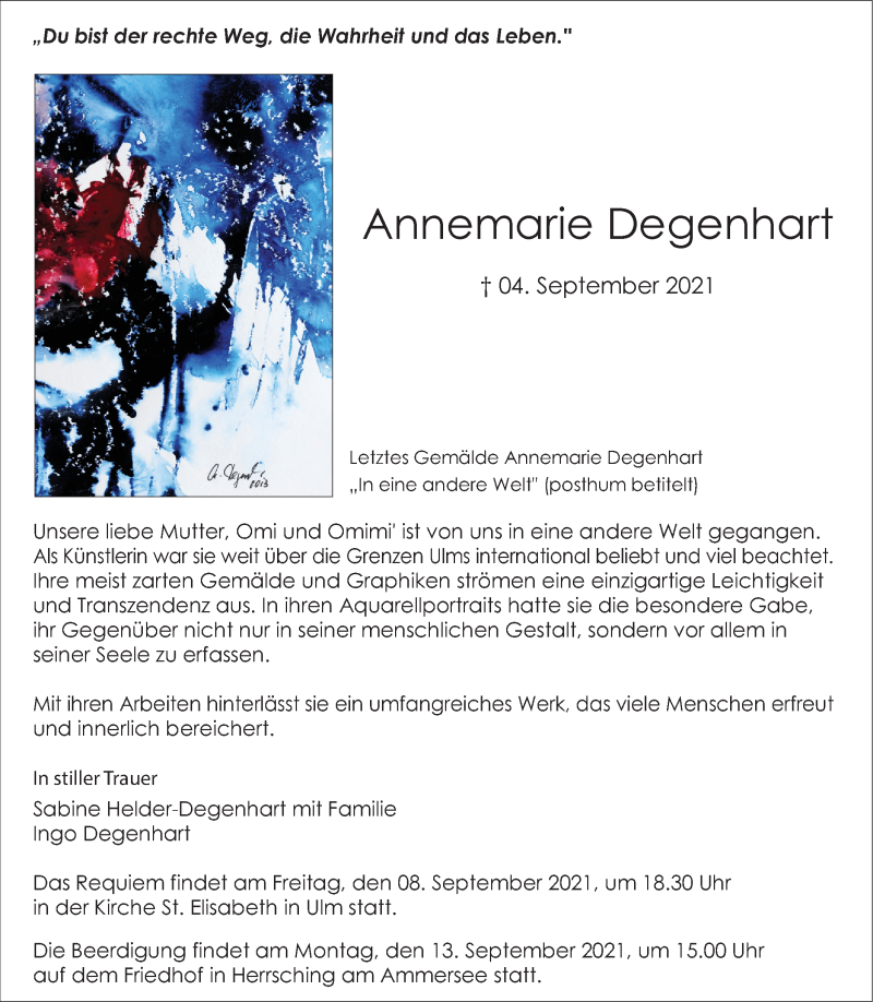  Traueranzeige für Annemarie Degenhart vom 08.09.2021 aus SÜDWEST PRESSE Ausgabe Ulm/Neu-Ulm