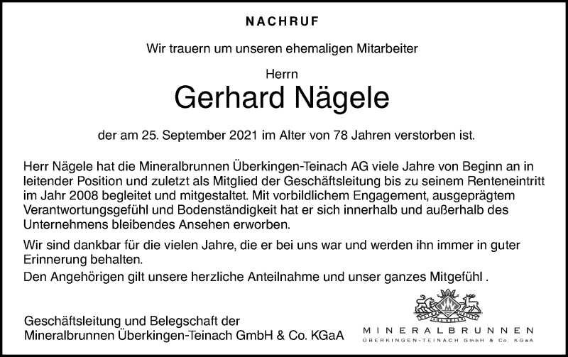  Traueranzeige für Gerhard Nägele vom 01.10.2021 aus SÜDWEST PRESSE Ausgabe Ulm/Neu-Ulm