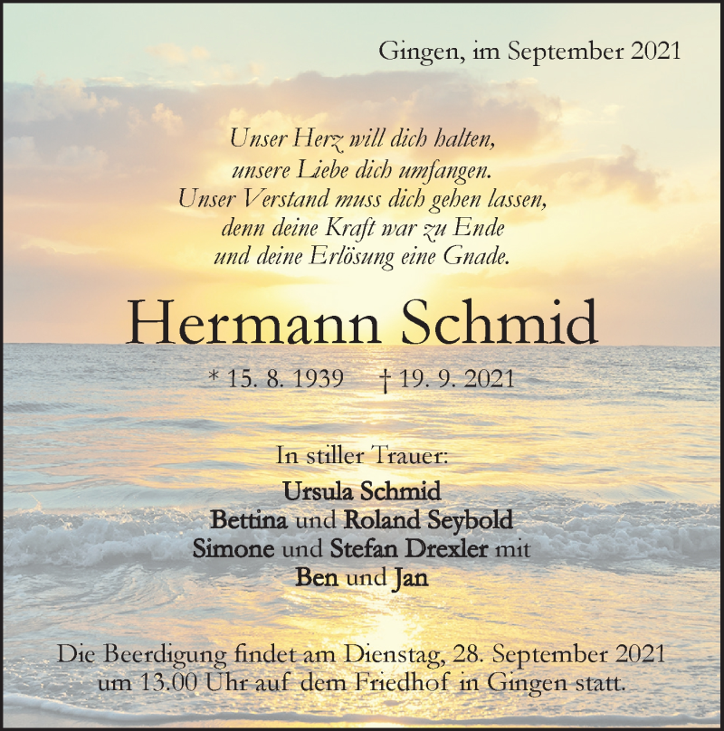  Traueranzeige für Hermann Schmid vom 23.09.2021 aus Geislinger Zeitung