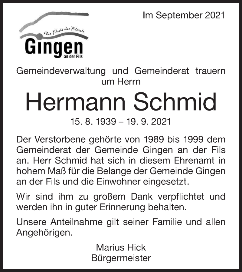  Traueranzeige für Hermann Schmid vom 29.09.2021 aus Geislinger Zeitung