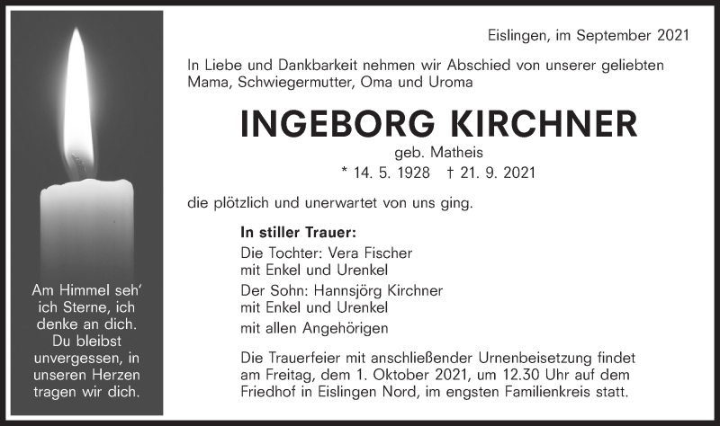  Traueranzeige für Ingeborg Kirchner vom 27.09.2021 aus NWZ Neue Württembergische Zeitung