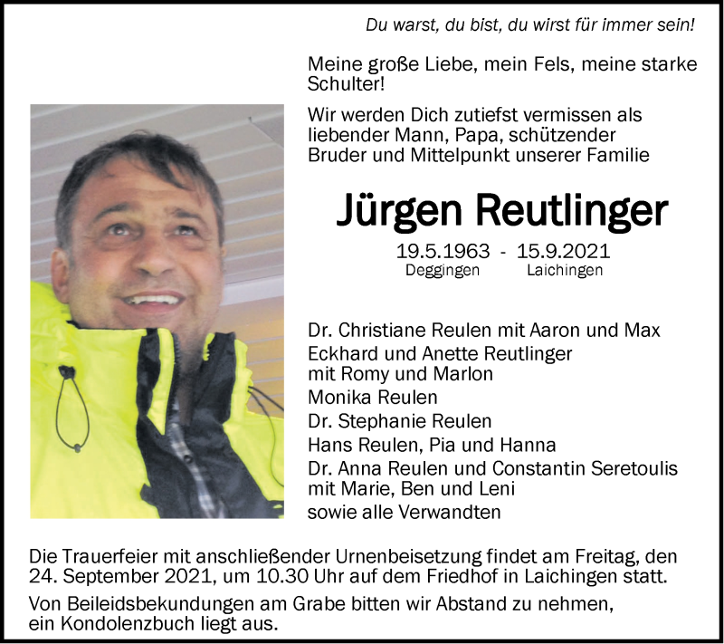  Traueranzeige für Jürgen Reutlinger vom 22.09.2021 aus SÜDWEST PRESSE Ausgabe Ulm/Neu-Ulm
