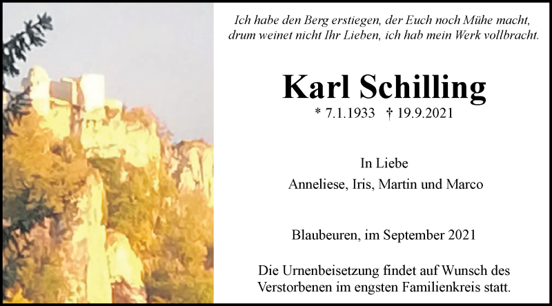  Traueranzeige für Karl Schilling vom 23.09.2021 aus SÜDWEST PRESSE Ausgabe Ulm/Neu-Ulm