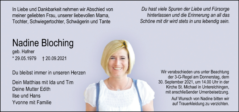  Traueranzeige für Nadine Bloching vom 25.09.2021 aus SÜDWEST PRESSE Ausgabe Ulm/Neu-Ulm