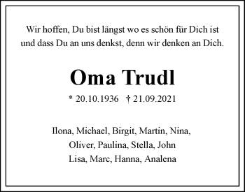 Traueranzeige von Oma Trudl  von SÜDWEST PRESSE Ausgabe Ulm/Neu-Ulm