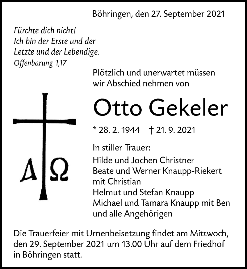  Traueranzeige für Otto Gekeler vom 27.09.2021 aus Alb-Bote/Metzinger-Uracher Volksblatt