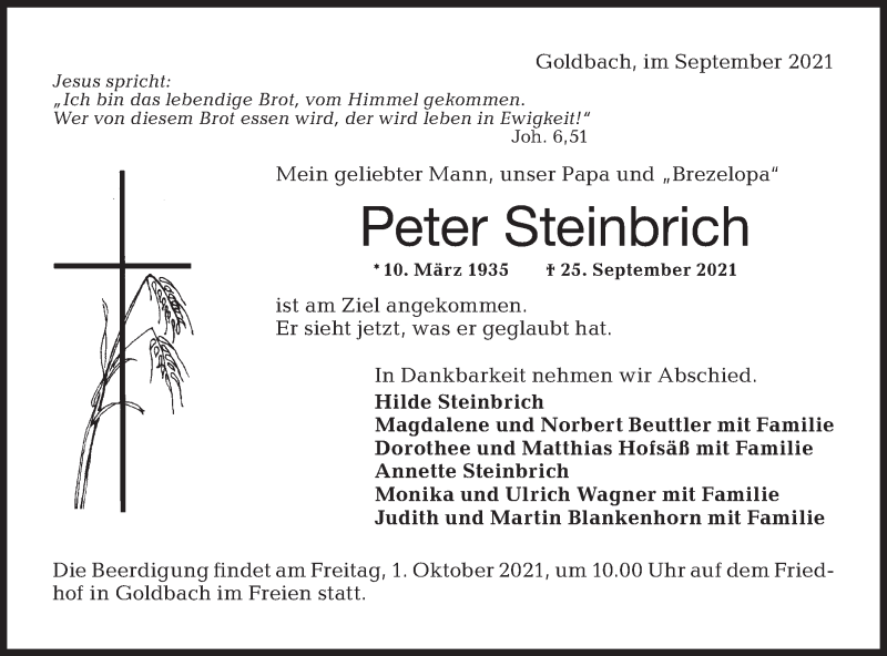  Traueranzeige für Peter Steinbrich vom 29.09.2021 aus Hohenloher Tagblatt