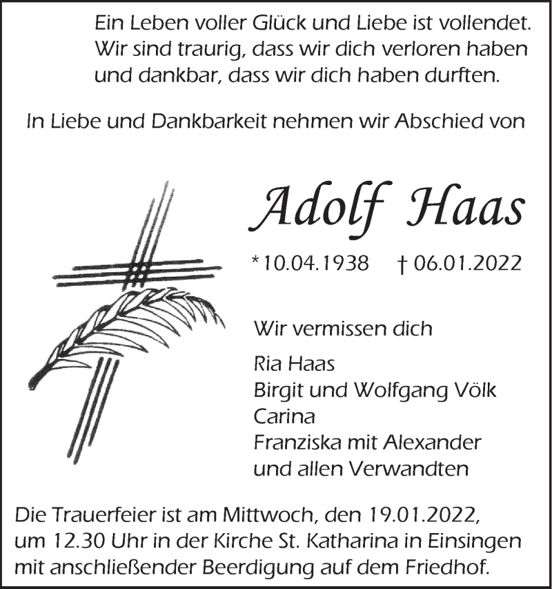  Traueranzeige für Adolf Haas vom 15.01.2022 aus SÜDWEST PRESSE Ausgabe Ulm/Neu-Ulm
