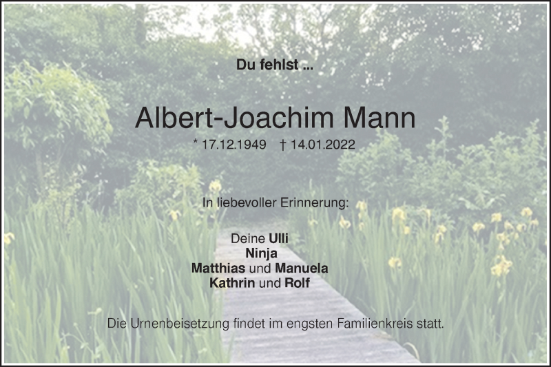  Traueranzeige für Albert-Joachim Mann vom 21.01.2022 aus SÜDWEST PRESSE Ausgabe Ulm/Neu-Ulm