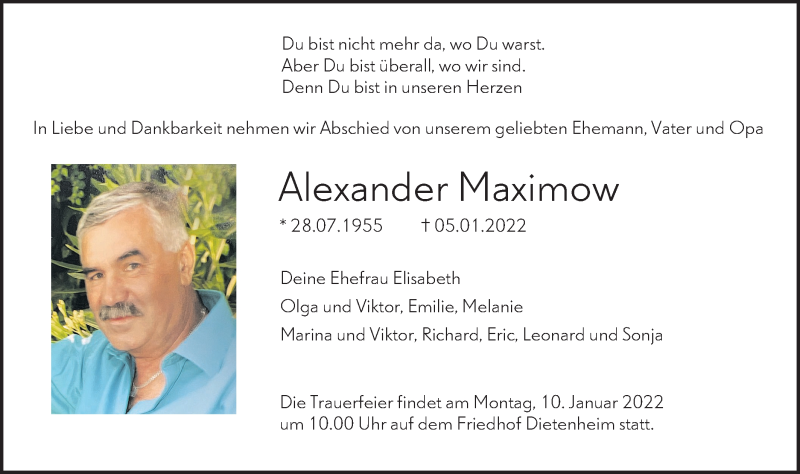  Traueranzeige für Alexander Maximow vom 08.01.2022 aus SÜDWEST PRESSE Ausgabe Ulm/Neu-Ulm