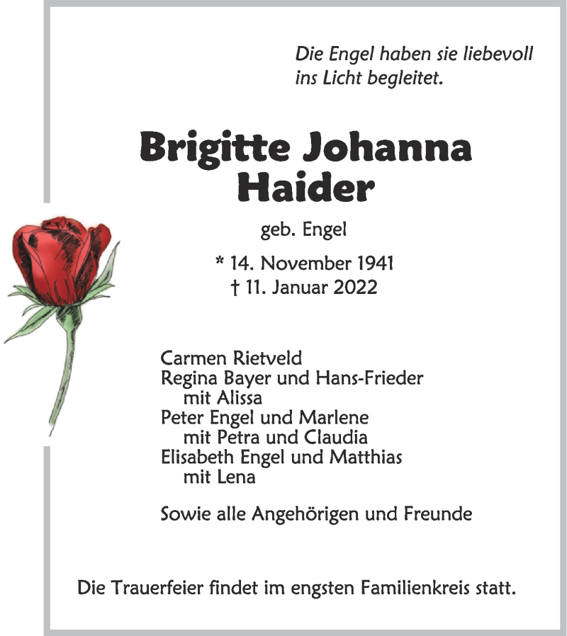  Traueranzeige für Brigitte Johanna Haider vom 14.01.2022 aus SÜDWEST PRESSE Ausgabe Ulm/Neu-Ulm