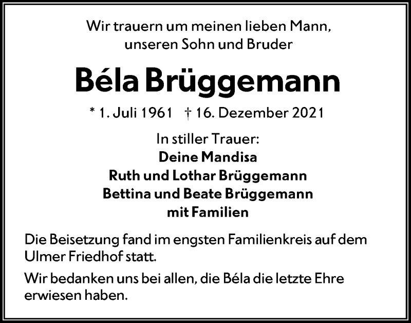  Traueranzeige für Béla Brüggemann vom 18.01.2022 aus SÜDWEST PRESSE Ausgabe Ulm/Neu-Ulm