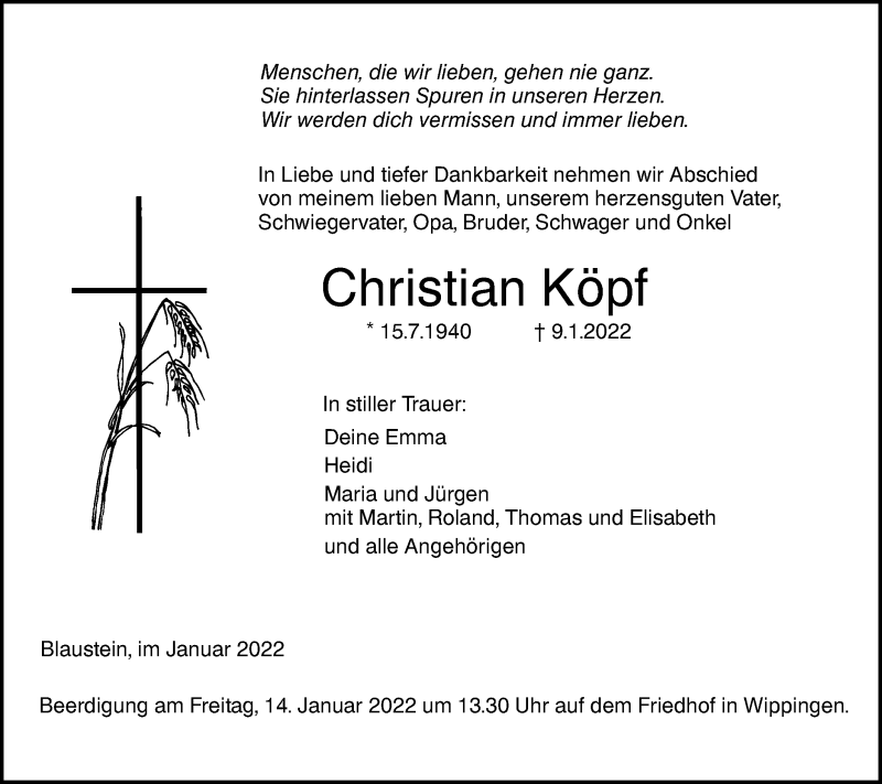  Traueranzeige für Christian Köpf vom 12.01.2022 aus SÜDWEST PRESSE Ausgabe Ulm/Neu-Ulm