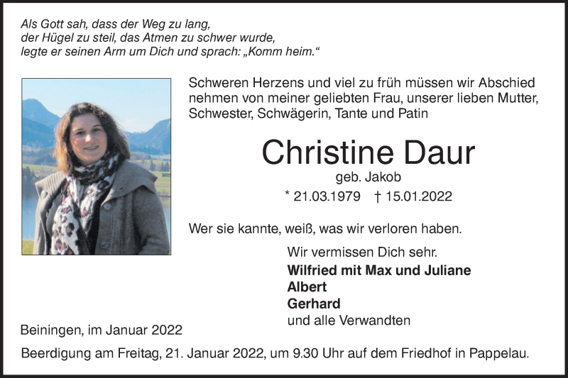  Traueranzeige für Christine Daur vom 19.01.2022 aus SÜDWEST PRESSE Ausgabe Ulm/Neu-Ulm