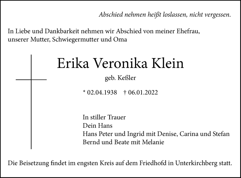  Traueranzeige für Erika Veronika Klein vom 12.01.2022 aus SÜDWEST PRESSE Ausgabe Ulm/Neu-Ulm