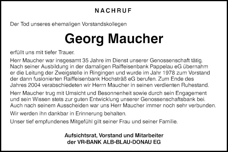  Traueranzeige für Georg Maucher vom 21.01.2022 aus SÜDWEST PRESSE Ausgabe Ulm/Neu-Ulm