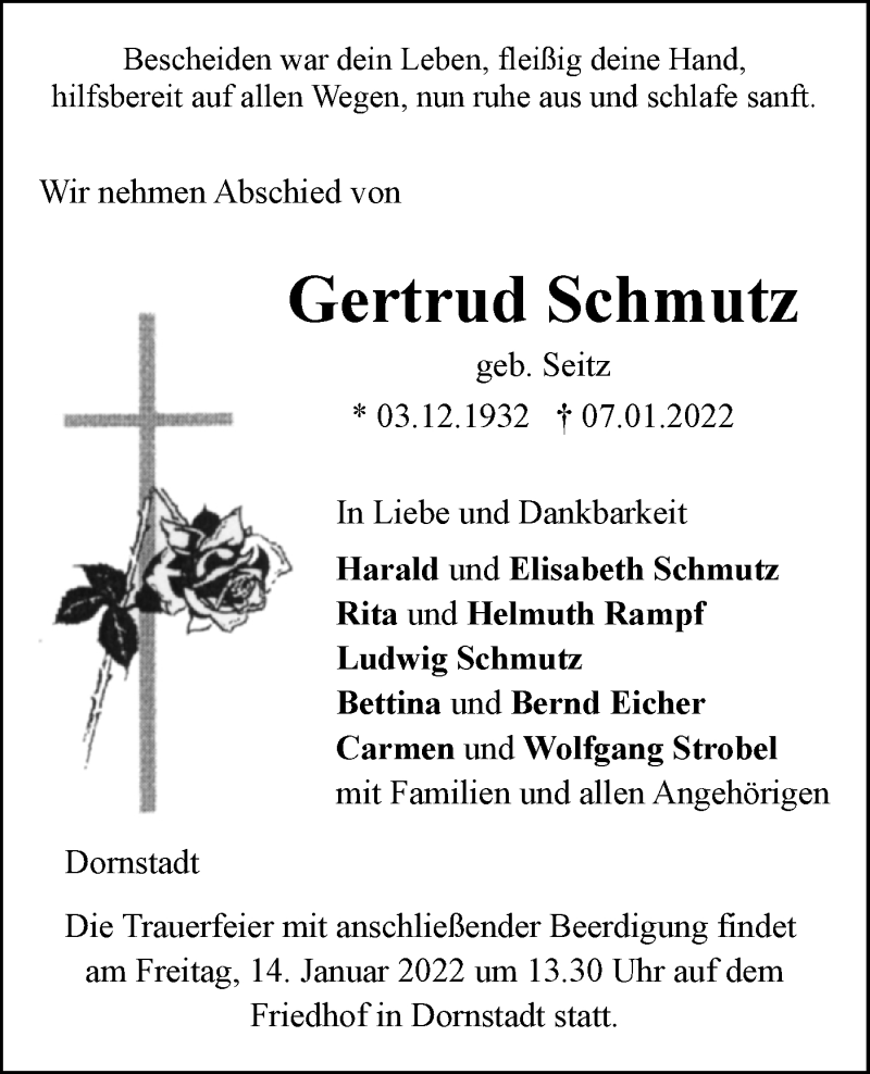  Traueranzeige für Gertud Schmutz vom 12.01.2022 aus SÜDWEST PRESSE Ausgabe Ulm/Neu-Ulm
