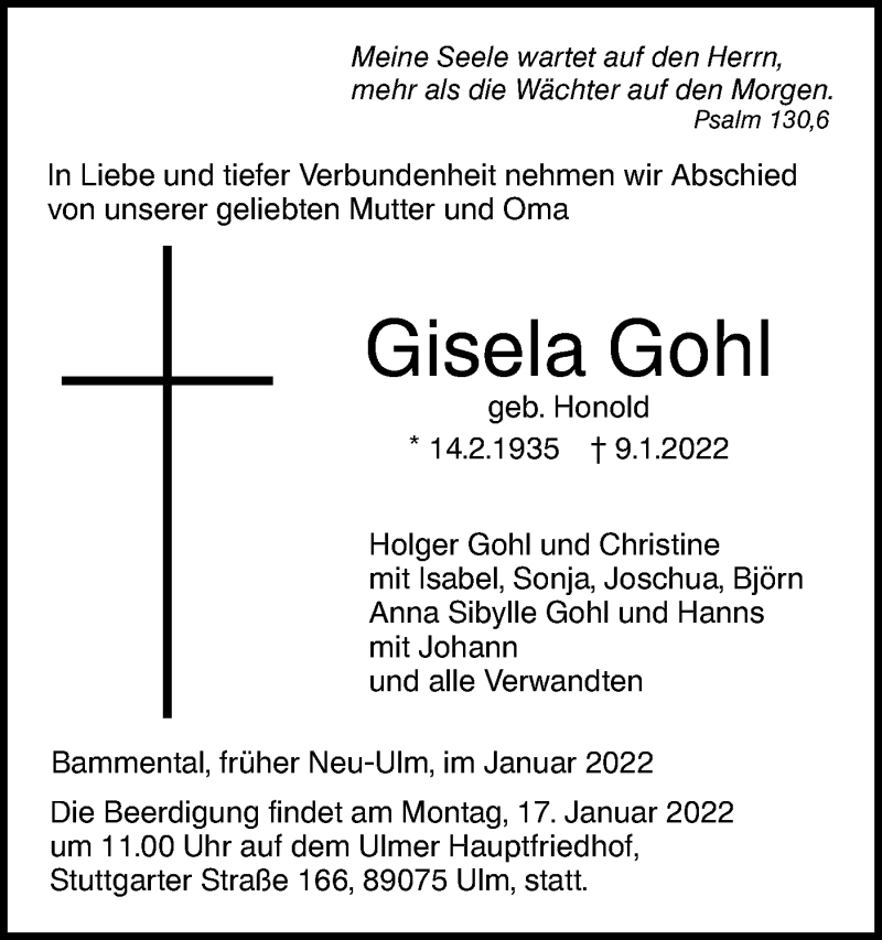  Traueranzeige für Gisela Gohl vom 13.01.2022 aus SÜDWEST PRESSE Ausgabe Ulm/Neu-Ulm