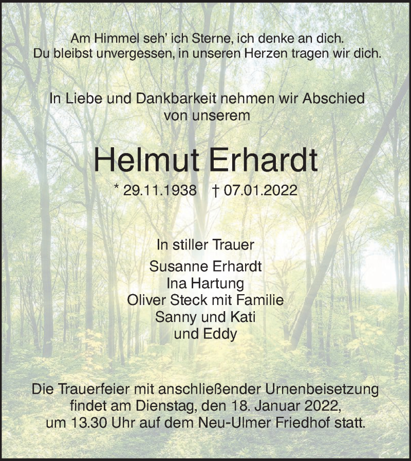  Traueranzeige für Helmut Erhardt vom 14.01.2022 aus SÜDWEST PRESSE Ausgabe Ulm/Neu-Ulm