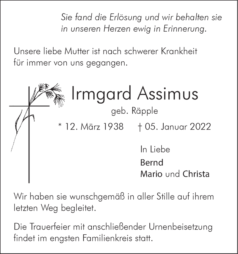  Traueranzeige für Irmgard Assimus vom 15.01.2022 aus SÜDWEST PRESSE Ausgabe Ulm/Neu-Ulm