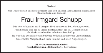 Traueranzeige von Irmgard Schupp von Haller Tagblatt