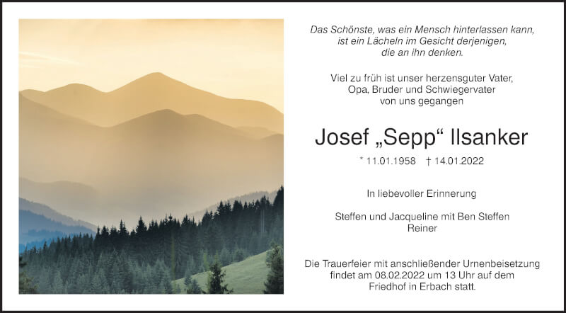  Traueranzeige für Josef Ilsanker vom 22.01.2022 aus SÜDWEST PRESSE Ausgabe Ulm/Neu-Ulm