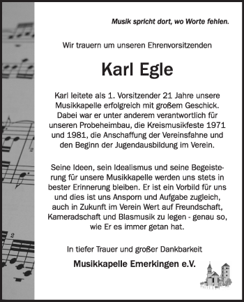 Traueranzeige von Karl Egle von Ehinger Tagblatt