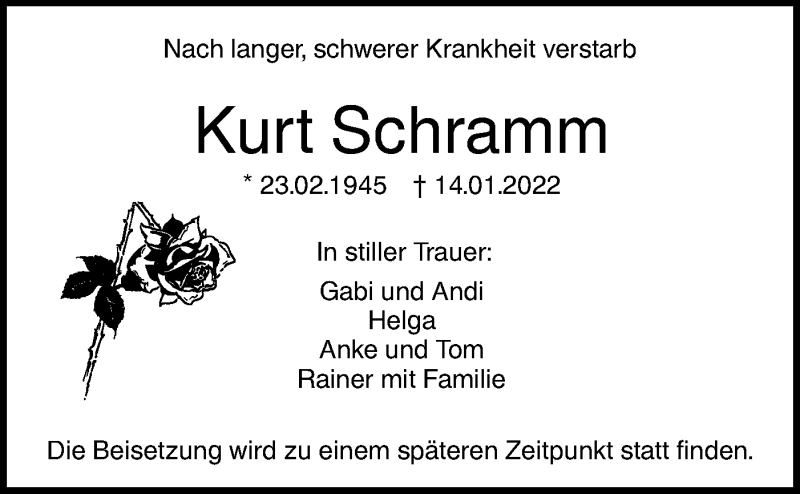  Traueranzeige für Kurt Schramm vom 15.01.2022 aus SÜDWEST PRESSE Ausgabe Ulm/Neu-Ulm