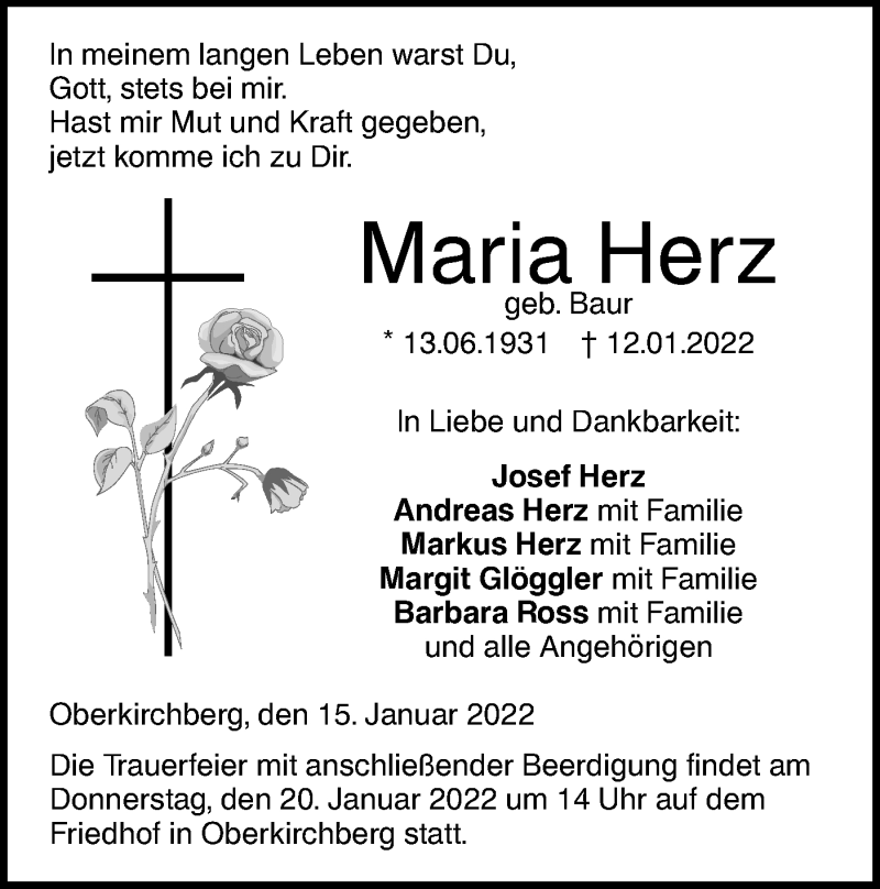  Traueranzeige für Maria Herz vom 15.01.2022 aus SÜDWEST PRESSE Ausgabe Ulm/Neu-Ulm