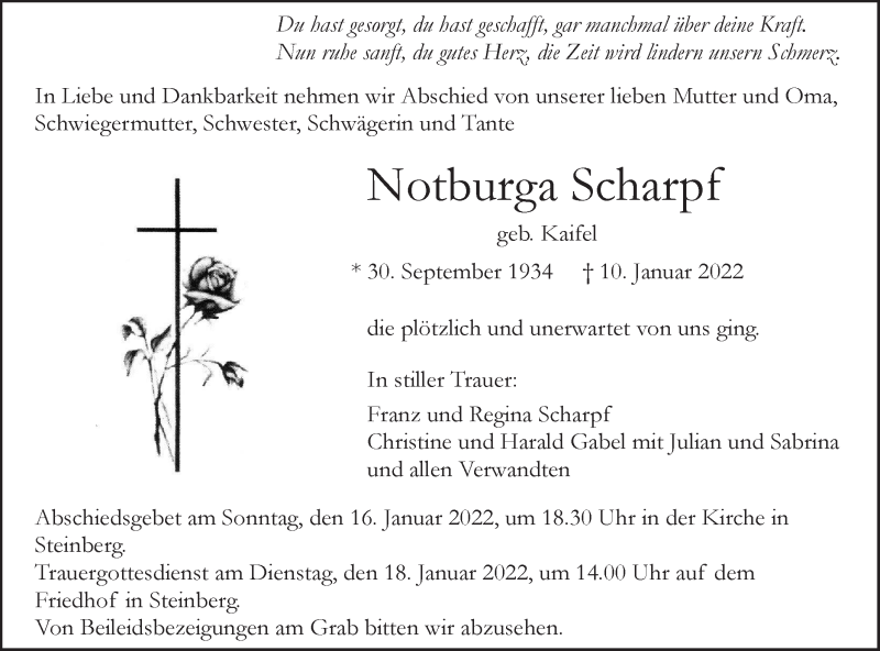  Traueranzeige für Notburga Scharpf vom 15.01.2022 aus SÜDWEST PRESSE Ausgabe Ulm/Neu-Ulm