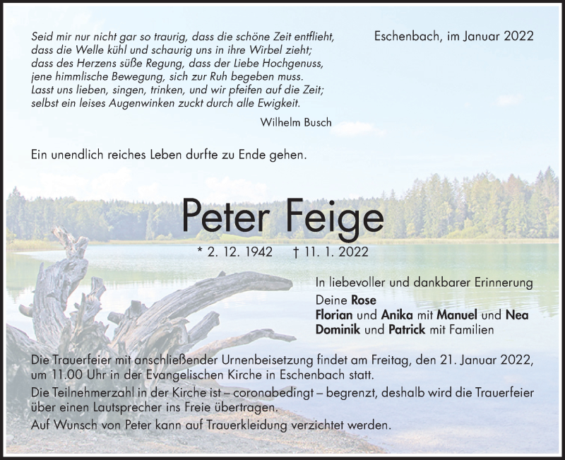  Traueranzeige für Peter Feige vom 15.01.2022 aus NWZ Neue Württembergische Zeitung