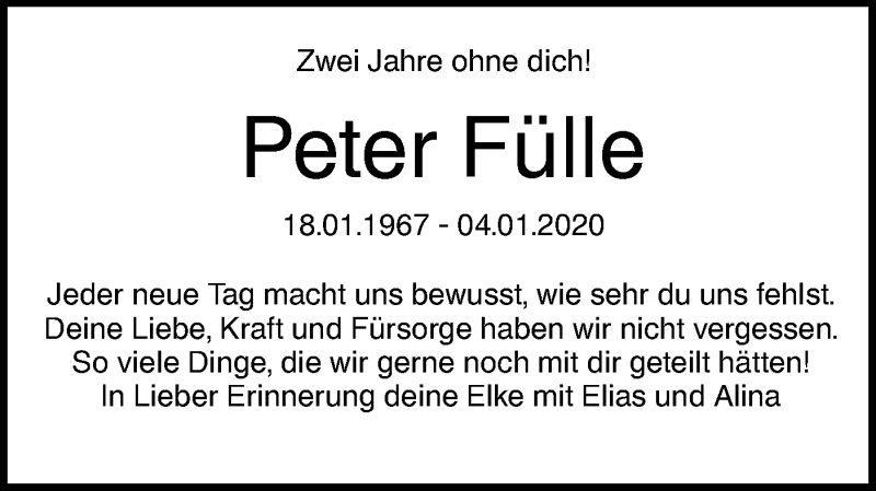  Traueranzeige für Peter Fülle vom 04.01.2022 aus SÜDWEST PRESSE Ausgabe Ulm/Neu-Ulm