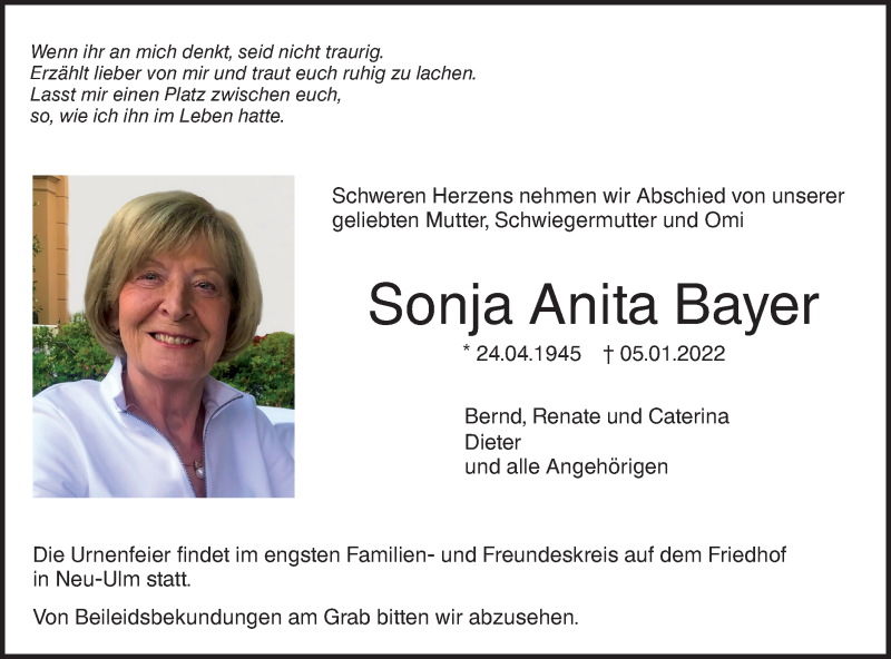  Traueranzeige für Sonja Anita Bayer vom 15.01.2022 aus SÜDWEST PRESSE Ausgabe Ulm/Neu-Ulm