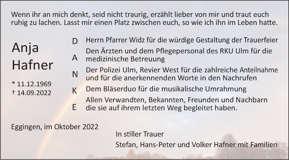  Traueranzeige für Anja Hafner vom 15.10.2022 aus SÜDWEST PRESSE Ausgabe Ulm/Neu-Ulm