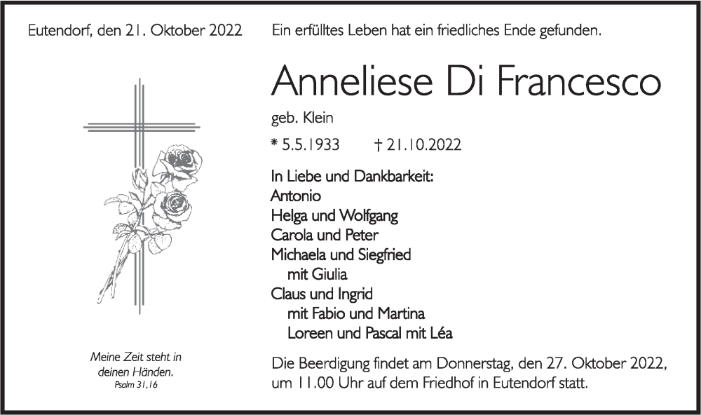  Traueranzeige für Anneliese Di Francesco vom 25.10.2022 aus Rundschau Gaildorf