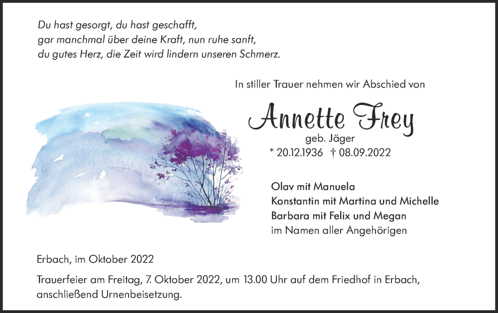  Traueranzeige für Annette Frey vom 04.10.2022 aus SÜDWEST PRESSE Ausgabe Ulm/Neu-Ulm