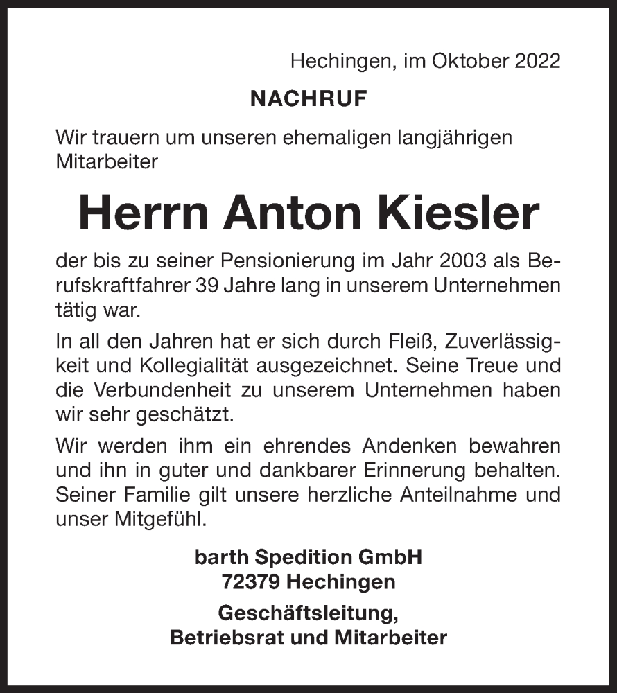  Traueranzeige für Anton Kiesler vom 22.10.2022 aus Metzinger-Uracher Volksblatt