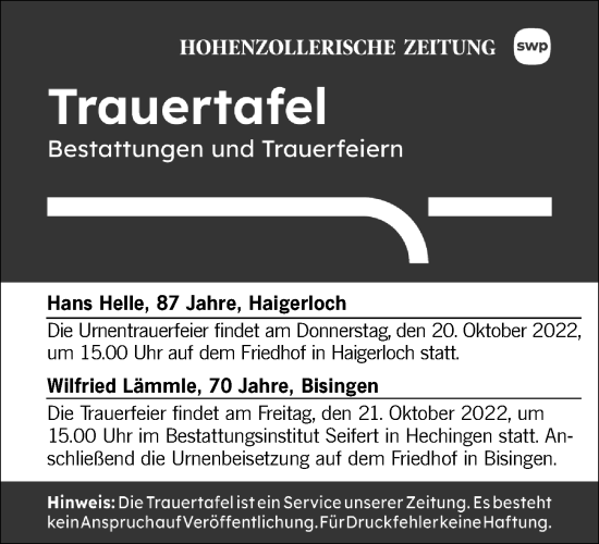Traueranzeige von Bestattungen vom 19.10.2022 von Metzinger-Uracher Volksblatt