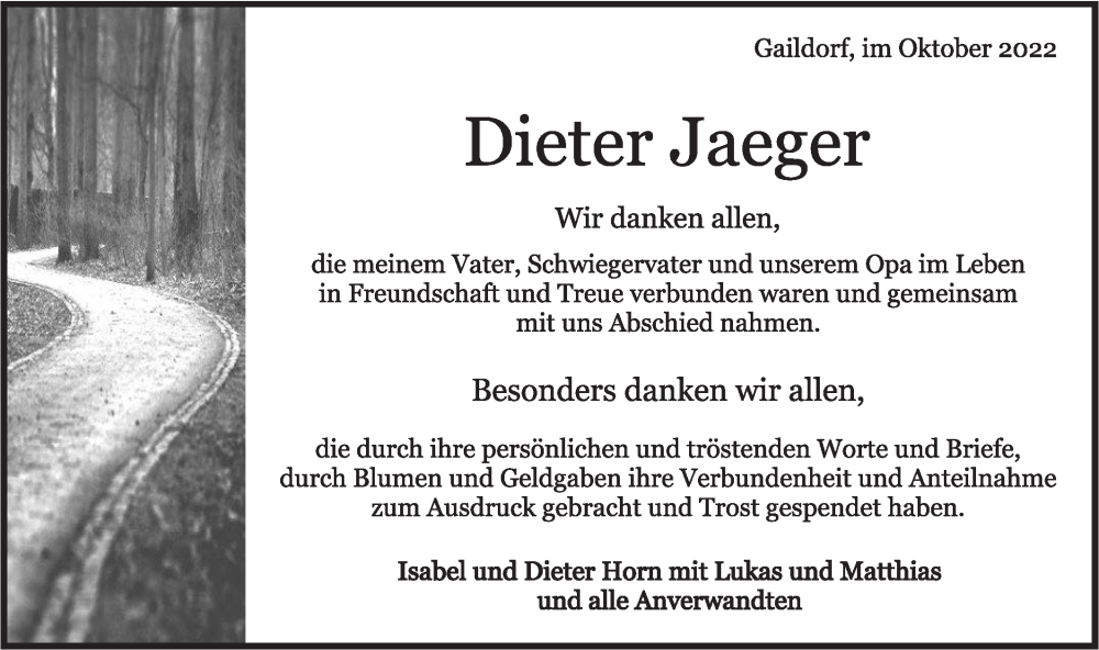  Traueranzeige für Dieter Jaeger vom 08.10.2022 aus Rundschau Gaildorf