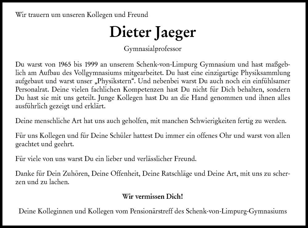  Traueranzeige für Dieter Jaeger vom 15.10.2022 aus Rundschau Gaildorf