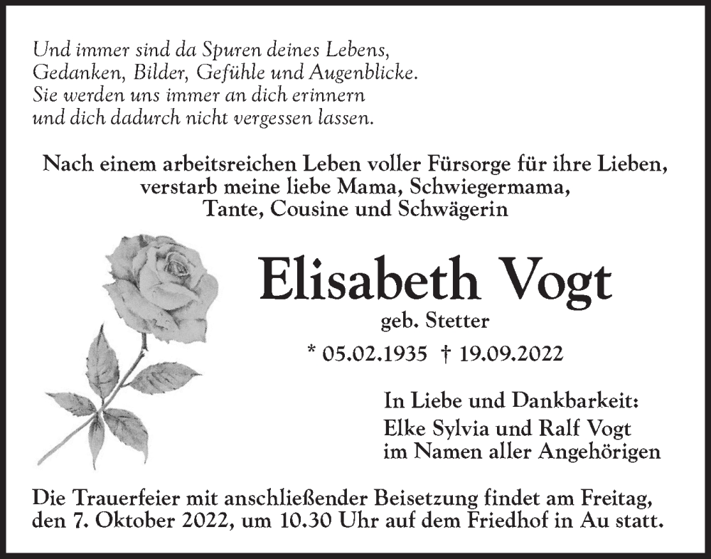  Traueranzeige für Elisabeth Vogt vom 04.10.2022 aus SÜDWEST PRESSE Ausgabe Ulm/Neu-Ulm