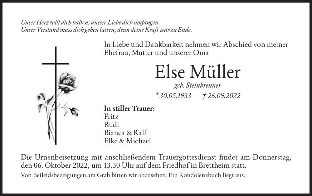  Traueranzeige für Else Müller vom 04.10.2022 aus Hohenloher Tagblatt