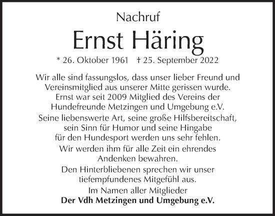 Traueranzeige von Ernst Häring von Metzinger-Uracher Volksblatt