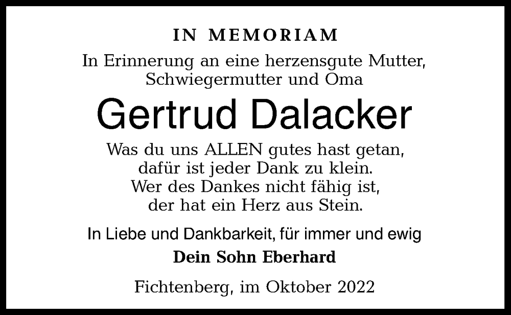  Traueranzeige für Gertrud Dalacker vom 22.10.2022 aus Rundschau Gaildorf