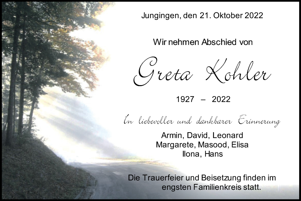  Traueranzeige für Greta Kohler vom 21.10.2022 aus Metzinger-Uracher Volksblatt