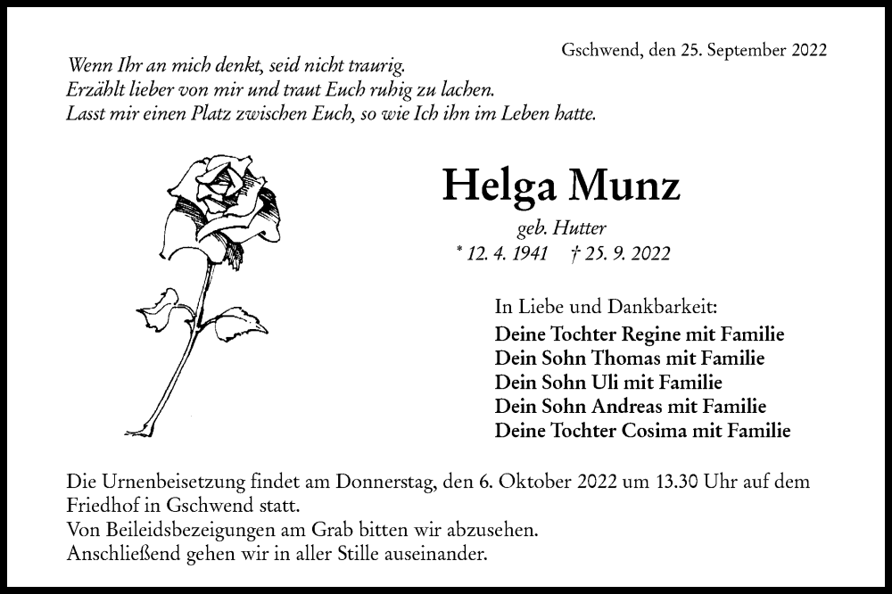  Traueranzeige für Helga Munz vom 04.10.2022 aus Rundschau Gaildorf