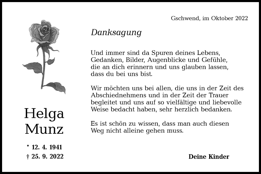  Traueranzeige für Helga Munz vom 22.10.2022 aus Rundschau Gaildorf